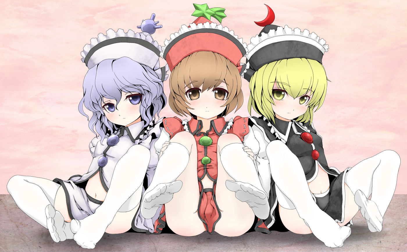 shishigami (sunagimo), lunasa prismriver, lyrica prismriver, merlin prismriver, touhou, 3girls, blonde hair, blue eyes, blue hair, blush, bottomless, brown eyes, brown hair, feet, female focus, hat, legs up, multiple girls, short hair, siblings, sisters, sitting, skirt, socks, thighhighs, yellow eyes