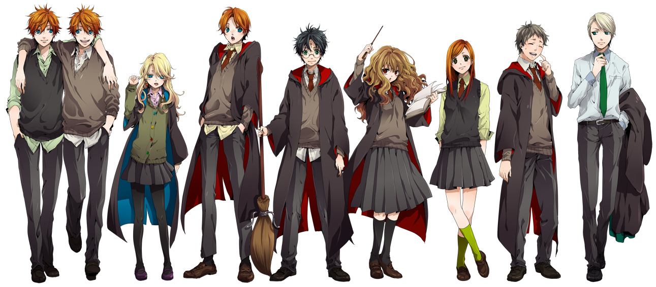 nakagawa waka, draco malfoy, fred weasley, george weasley, ginny weasley, harry potter, hermione granger, luna lovegood, neville longbottom, ron weasley, harry potter (series), wizarding world, annotated, 3girls, 6+boys, ^ ^, animification, black socks, blouse, broom, brother and sister, brothers, carrying, carrying under arm, closed eyes, coat, collared shirt, eyelashes, full body, green necktie, green shirt, hair between eyes, hair over one eye, hogwarts school uniform, hood, hooded coat, kneehighs, legs apart, legs together, lineup, miniskirt, multiple boys, multiple girls, necktie, pantyhose, purple shirt, red necktie, round eyewear, school uniform, shirt, siblings, side-by-side, simple background, skirt, sleeves rolled up, socks, standing, swept bangs, twins, unworn coat, wand, wavy hair, white background, white shirt, yellow shirt
