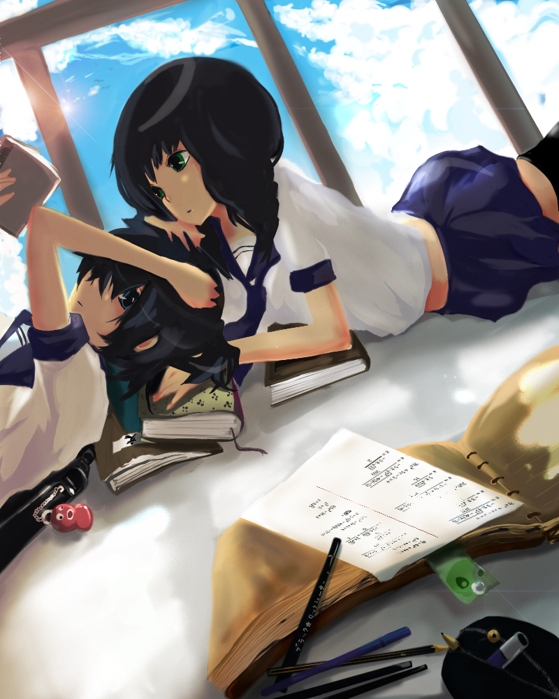 uni (nacchan), black rock shooter (character), dead master, kuroi mato, takanashi yomi, black rock shooter, 10s, 2girls, black hair, blue eyes, book, cloud, day, green eyes, lying, multiple girls, on stomach, paper, scarf, school uniform, serafuku, short hair, skirt, sky, thighhighs, zettai ryouiki