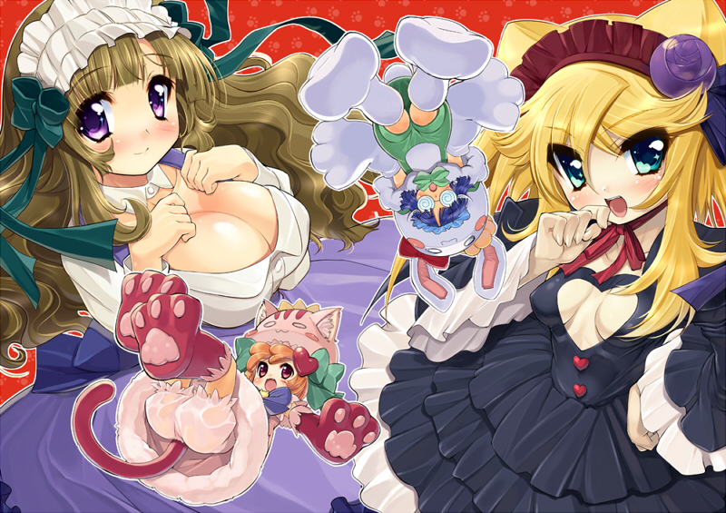 sorimura youji, anyamal tantei kirumin zoo, bad id, bad pixiv id, 4girls, animal costume, animal ears, animal hat, blonde hair, blue hair, blush, breasts, brown hair, cat costume, cleavage, cosplay, fake animal ears, glasses, green eyes, hat, huge breasts, long hair, maid, multiple girls, orange hair, playboy bunny, purple eyes, rabbit ears, red eyes, ribbon, short hair, skirt, smile, tail