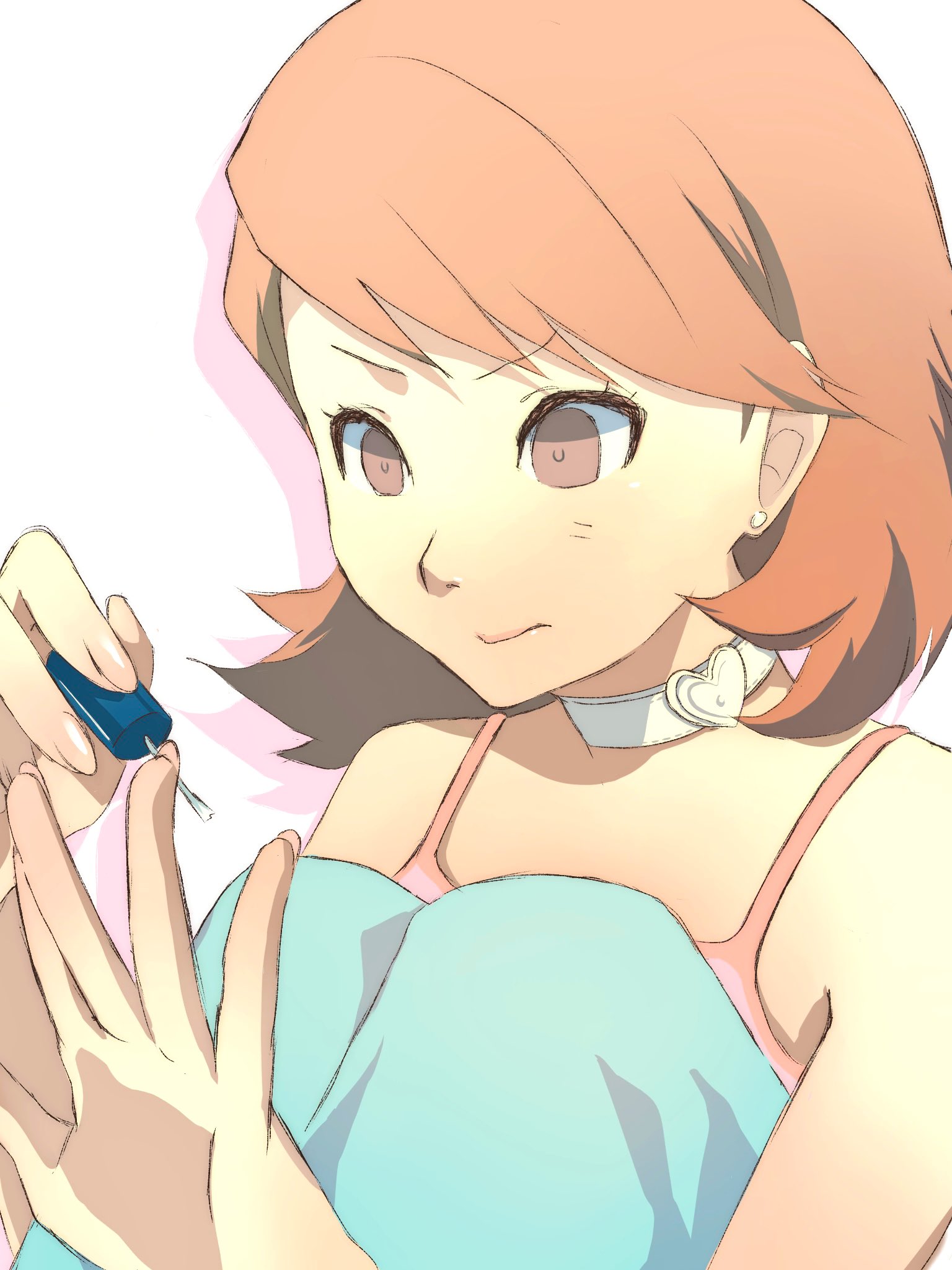 takeba yukari, persona, persona 3, commentary, highres, 1girl, applying manicure, bare shoulders, blue pants, brown eyes, brown hair, camisole, choker, closed mouth, denim, drop shadow, earrings, fingernails, flipped hair, heart, heart choker, holding, jeans, jewelry, knees up, looking at hand, maro maronomaro, nail polish, nail polish brush, official alternate costume, painting nails, pants, pink camisole, short hair, solo, stud earrings, upper body, white background, white choker