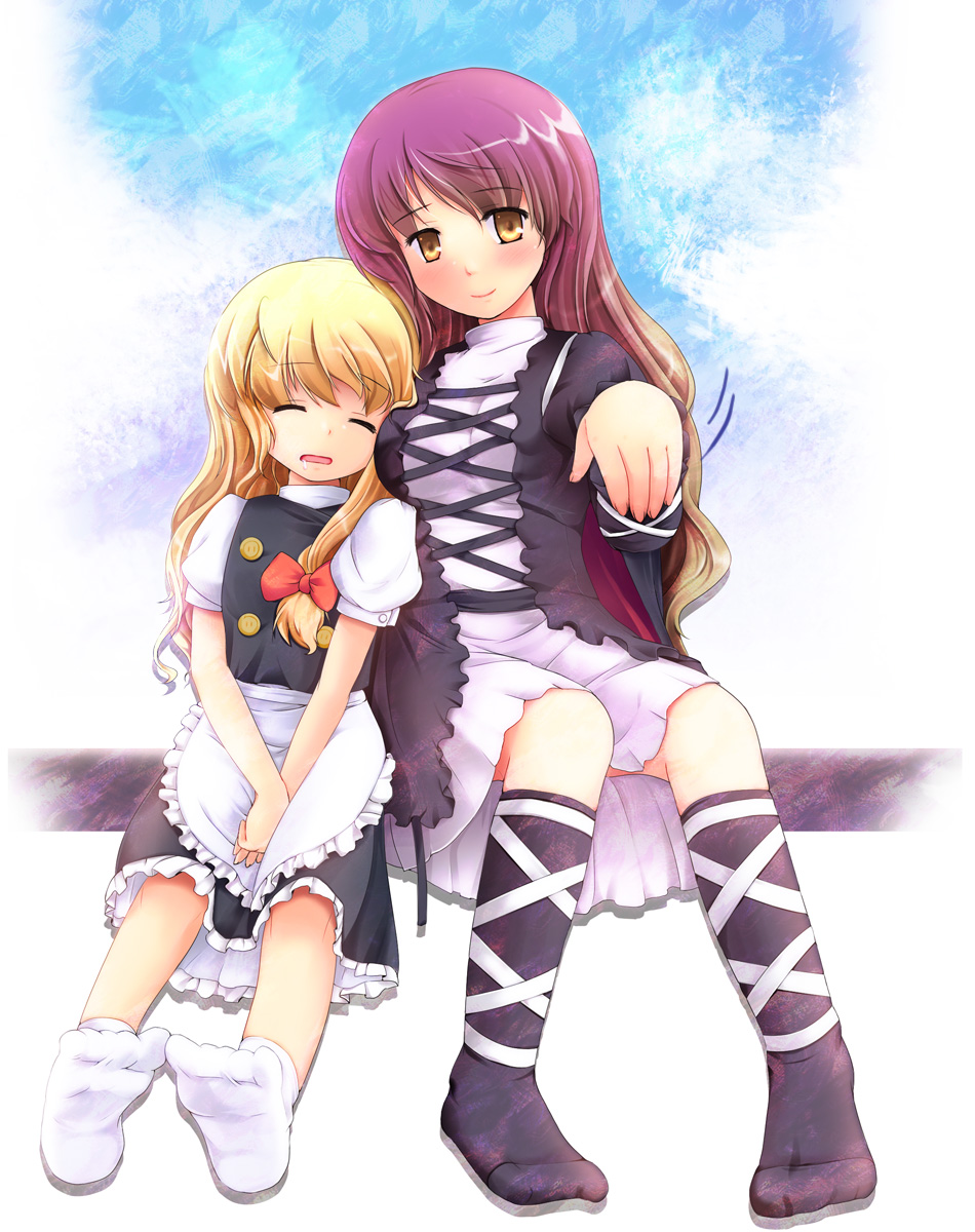 niiya, hijiri byakuren, kirisame marisa, touhou, highres, 2girls, blonde hair, cape, dress, feet, female focus, gradient background, gradient hair, leaning on person, long hair, multicolored hair, multiple girls, no headwear, sleeping, socks, yellow eyes