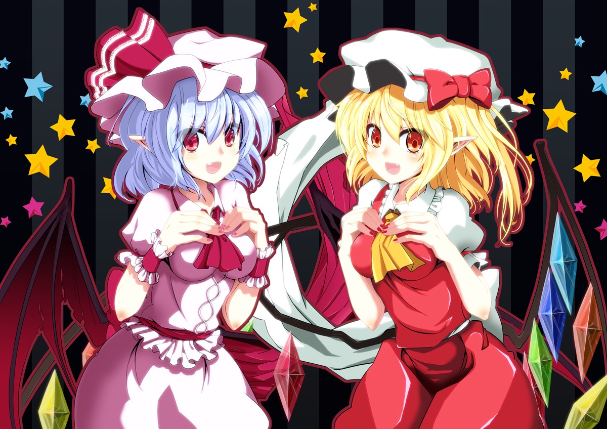 satou samu, flandre scarlet, remilia scarlet, touhou, 2girls, bat wings, blonde hair, blue hair, breast padding, breasts, female focus, hat, large breasts, multiple girls, nail art, nail polish, pink nails, pointy ears, ponytail, red eyes, red nails, short hair, siblings, side ponytail, sisters, wings