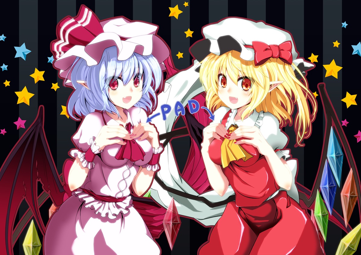 satou samu, flandre scarlet, remilia scarlet, touhou, 2girls, bat wings, blonde hair, blue hair, breast padding, breast suppress, fang, female focus, hat, multiple girls, nail art, nail polish, pink nails, pointy ears, ponytail, red eyes, red nails, short hair, siblings, side ponytail, sisters, wings
