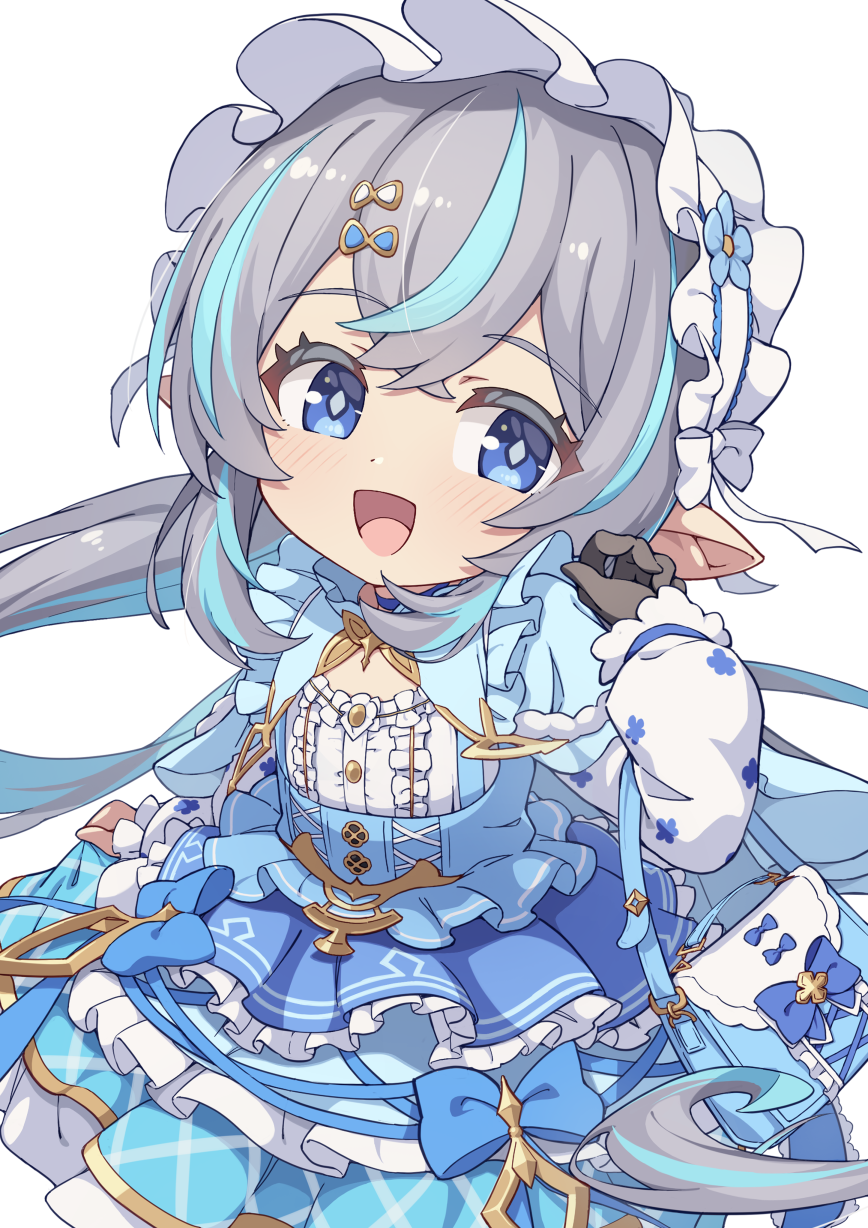 hiyaya (kochi michikaze), uruki (granblue fantasy), granblue fantasy, commentary request, commission, highres, skeb commission, 1girl, :d, bag, black gloves, blue bow, blue eyes, blue hair, blue skirt, blush, bow, crossed bangs, dot nose, double-parted bangs, gloves, grey hair, hairband, hand up, long sleeves, multicolored hair, open mouth, shirt, simple background, skirt, skirt bow, smile, solo, streaked hair, two-tone hair, upper body, white background, white hairband, white shirt