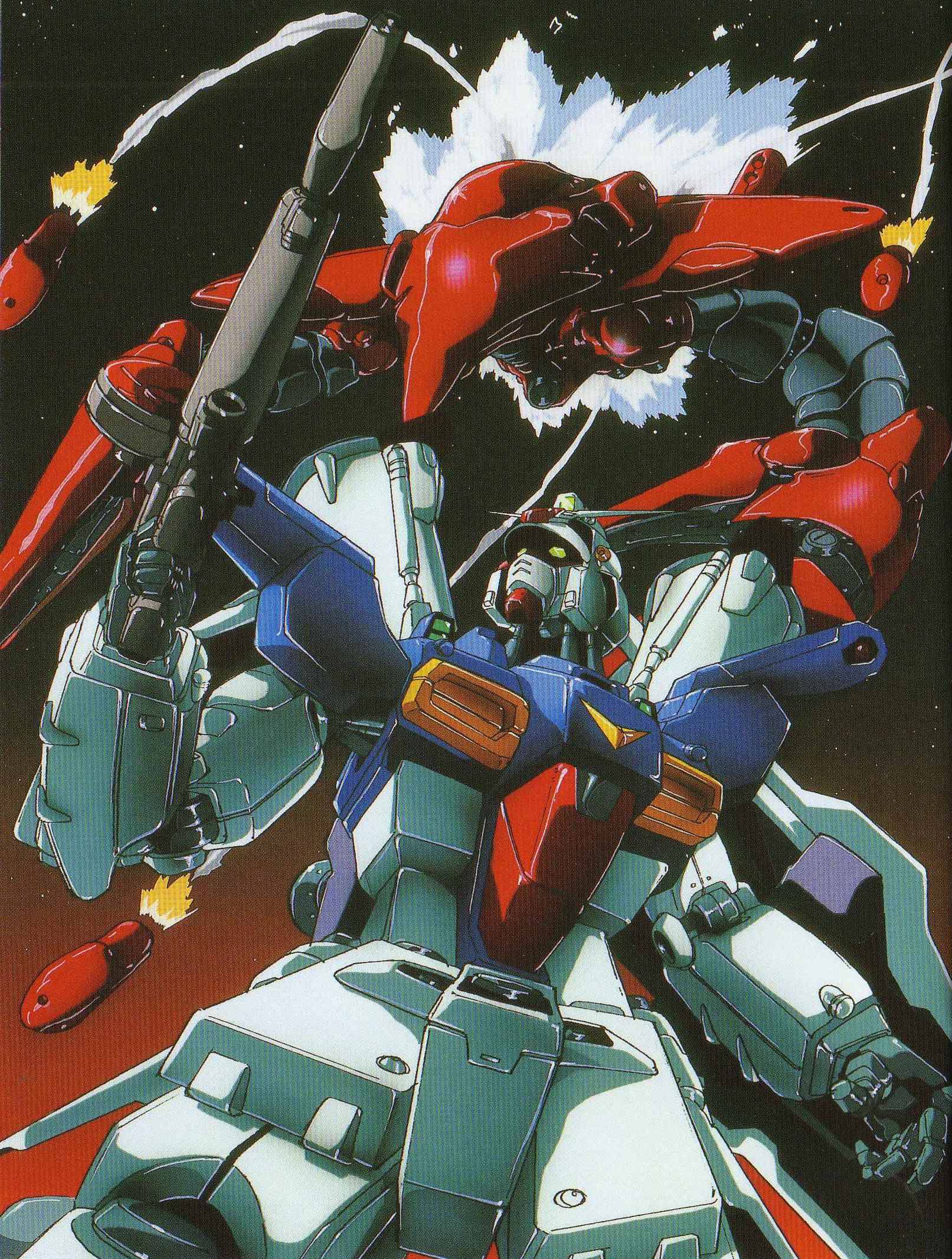 gundam gp-01 full vernian zephyranthes, val varo, gundam, gundam 0083, highres, 1990s (style), battle, beam rifle, claws, energy gun, gun, mecha, missile, retro artstyle, robot, shield, weapon