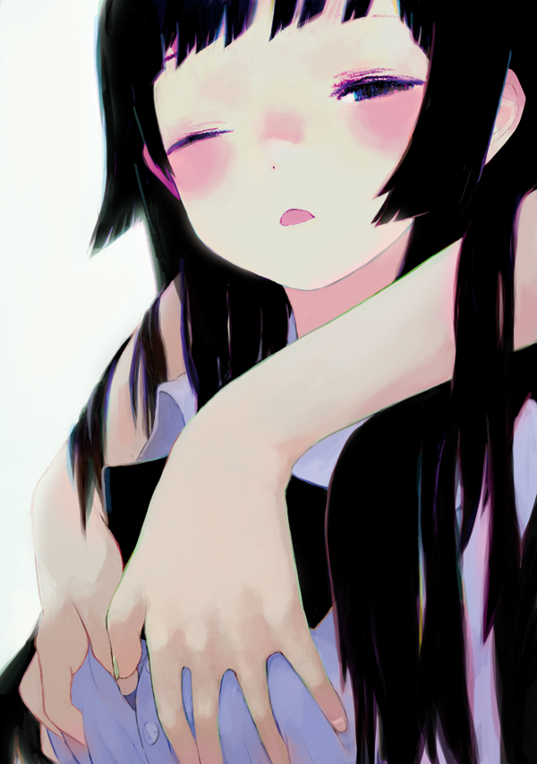 kujira, original, commentary request, 1girl, 1other, arms around neck, black bow, black bowtie, black eyes, black hair, blush, bow, bowtie, breasts, cover, cover page, grabbing another's breast, groping, hair flowing over, half-closed eye, long hair, looking at viewer, medium breasts, one eye closed, open mouth, out of frame, shirt, simple background, solo focus, upper body, white background, white shirt