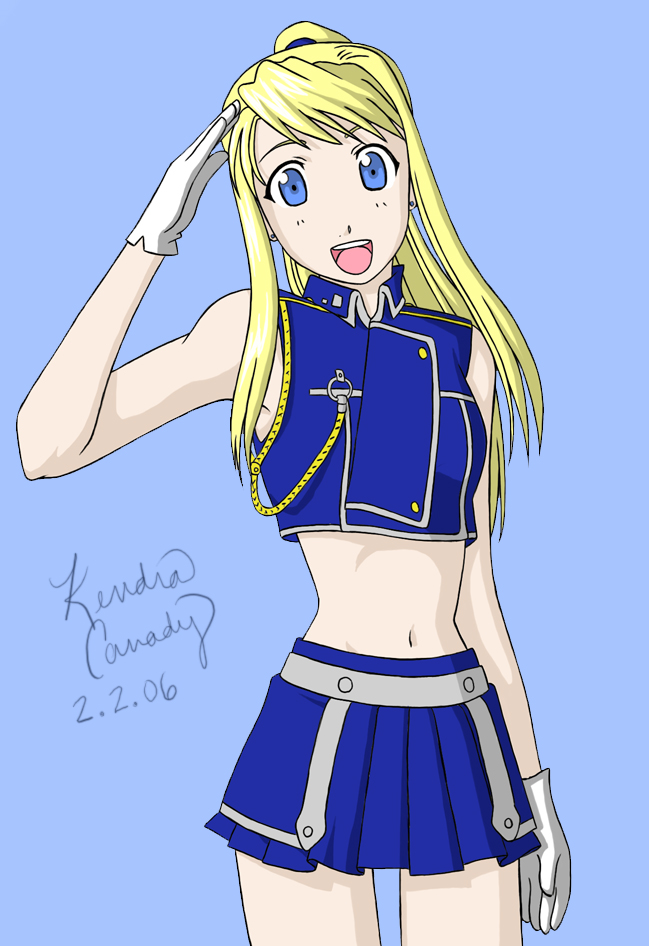 kendra canady, winry rockbell, fullmetal alchemist, 00s, 1girl, bad anatomy, blonde hair, blue eyes, female focus, gloves, long hair, midriff, miniskirt, navel, poorly drawn, simple background, skirt, solo