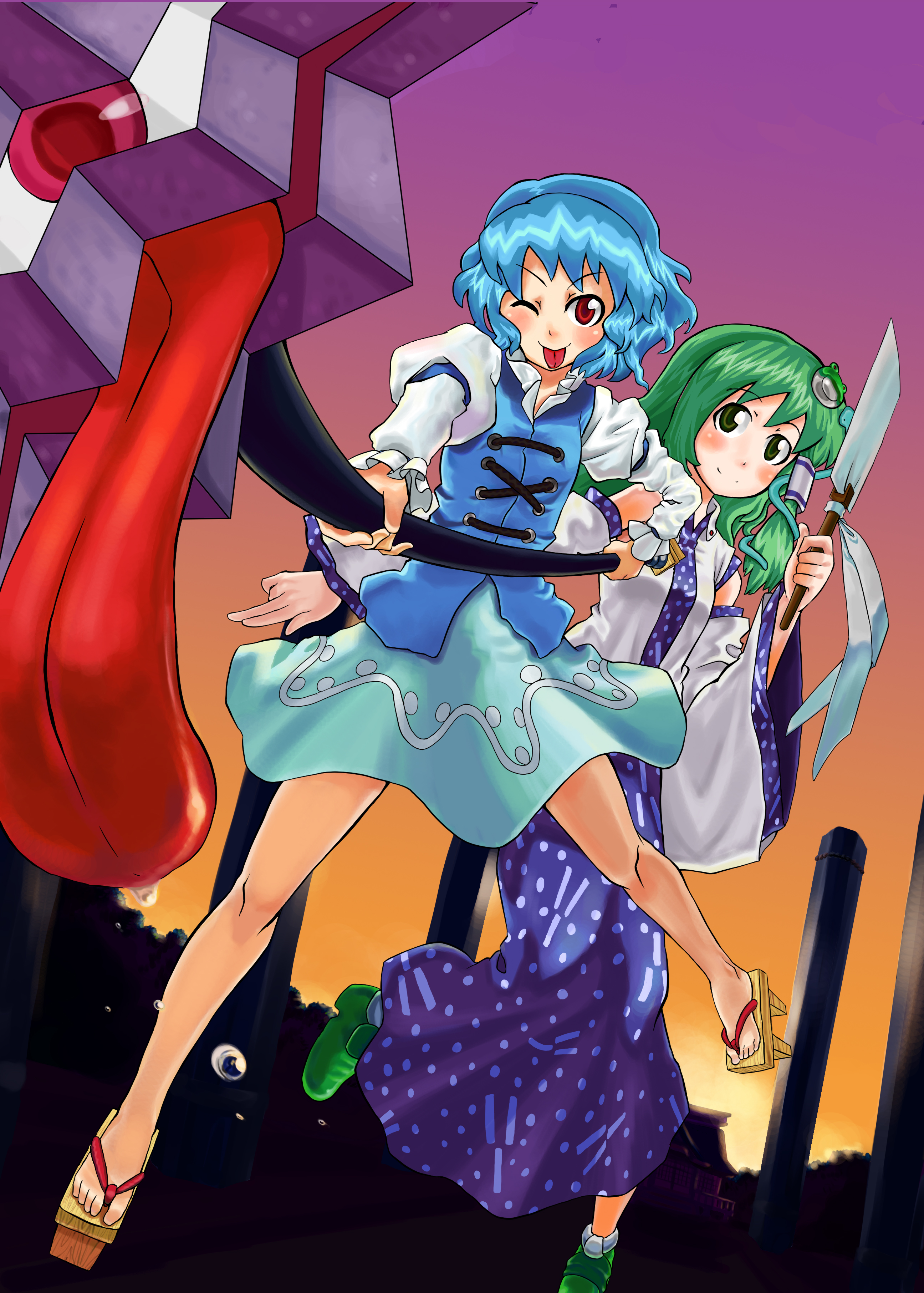 seiryouinryousui, kochiya sanae, tatara kogasa, touhou, absurdres, highres, 2girls, :p, blue hair, detached sleeves, female focus, frog, geta, gradient background, green eyes, green hair, hair ornament, heterochromia, karakasa obake, long hair, multiple girls, outdoors, red eyes, sandals, shoes, short hair, sky, snake, standing, tongue, tongue out, umbrella