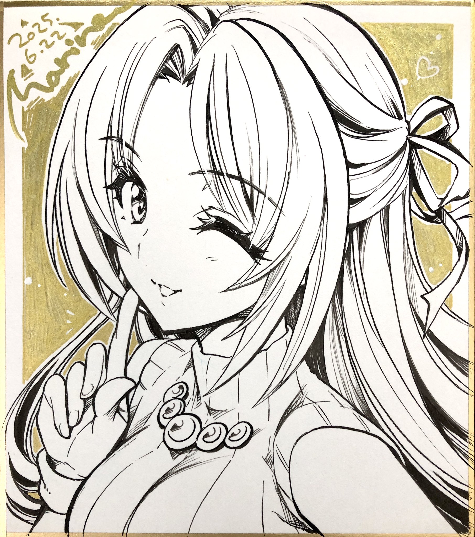 marine (confeitokobo), sonozaki shion, higurashi no naku koro ni, commentary request, highres, traditional media, 1girl, ;d, dated, greyscale, hair ribbon, hand up, index finger raised, light blush, long hair, looking at viewer, monochrome, one eye closed, open mouth, parted bangs, portrait, ribbon, shikishi, signature, sleeveless, sleeveless sweater, sleeveless turtleneck, smile, solo, sweater, turtleneck, turtleneck sweater