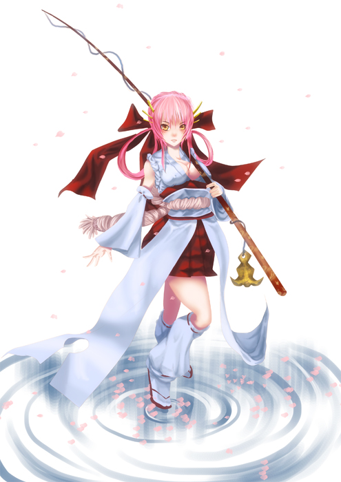 teddypocky, gakuen densetsu, miyuki, miyuki (series), 1girl, bow, breasts, cherry blossoms, cleavage, covered erect nipples, female focus, fishing rod, hair bow, holding, holding fishing rod, large breasts, pink hair, solo, yellow eyes