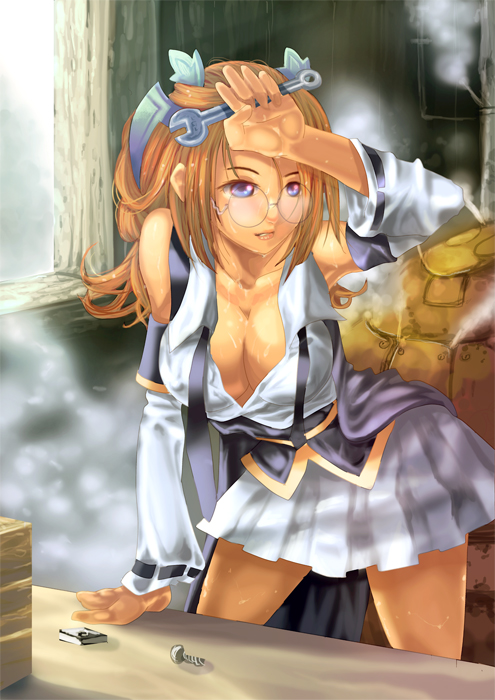 teddypocky, vinca, alcheliz, 1girl, blue eyes, breasts, brown hair, cleavage, detached sleeves, female focus, glasses, indoors, large breasts, skirt, solo, sweat, wrench