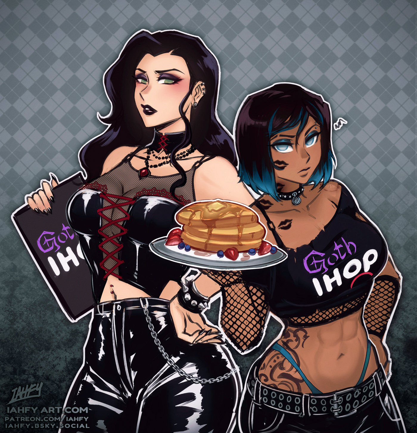 iahfy, asami sato, korra, avatar legends, the legend of korra, highres, 2girls, abs, artist name, belt, belt buckle, blueberry, bluesky username, bracelet, breasts, buckle, choker, cowboy shot, dark-skinned female, dark skin, earrings, eyebrow piercing, face piercing, femboy hooters (meme), food, fruit, goth fashion, holding, holding plate, jewelry, lipstick mark, long hair, looking at viewer, medium breasts, meme, multiple girls, navel, navel piercing, necklace, pancake, pancake stack, panties, patreon username, piercing, plate, short hair, spiked bracelet, spikes, strawberry, underwear, watermark
