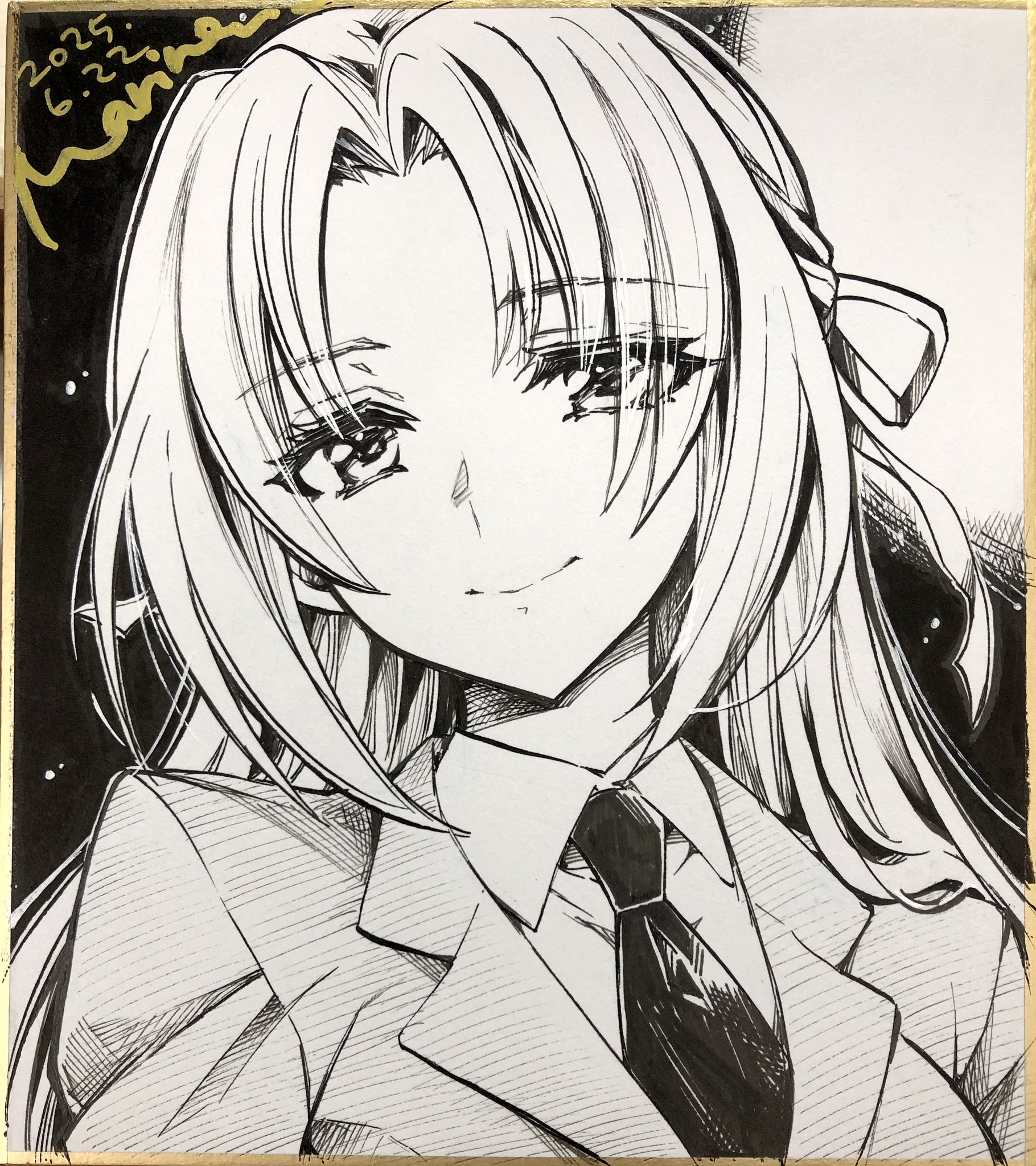 marine (confeitokobo), sonozaki shion, higurashi no naku koro ni, commentary request, highres, traditional media, 1girl, closed mouth, collared shirt, dated, greyscale, hair ribbon, jacket, long hair, looking at viewer, monochrome, necktie, parted bangs, portrait, ribbon, shikishi, shirt, signature, smile, solo