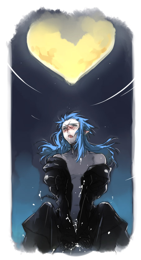 toujou sakana, saix, kingdom hearts, blue hair, bottomless, cum, long hair, male focus, navel, open clothes, open mouth, open shirt, riding, scar, shirt, yaoi