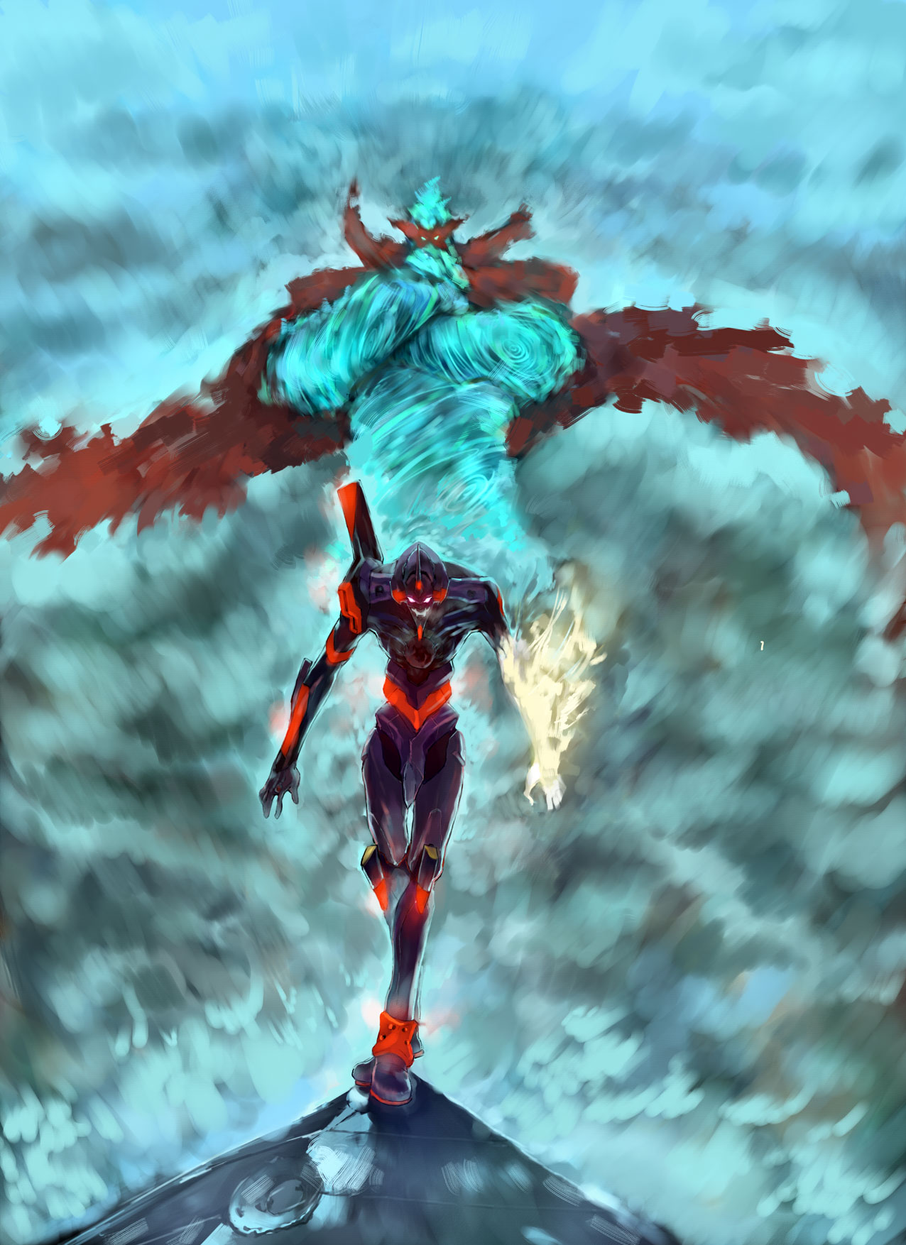 desuran, chou tengen toppa gurren-lagann, eva 01, evangelion: 2.0 you can (not) advance, neon genesis evangelion, rebuild of evangelion, tengen toppa gurren lagann, tengen toppa gurren lagann: lagann-hen, top wo nerae!, top wo nerae! (series), bad id, bad pixiv id, highres, creepy, crossover, epic, glowing, glowing eyes, mecha, mecha focus, no humans, parody, spiral power, storm