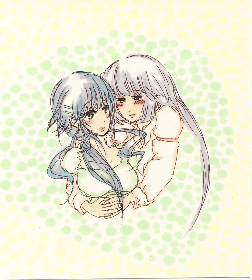 nene (artist), fujiwara no mokou, kamishirasawa keine, touhou, marker (medium), traditional media, 2girls, alternate hairstyle, blue hair, female focus, hair ornament, hairclip, happy, hug, multiple girls, ponytail, smile, white hair, yuri