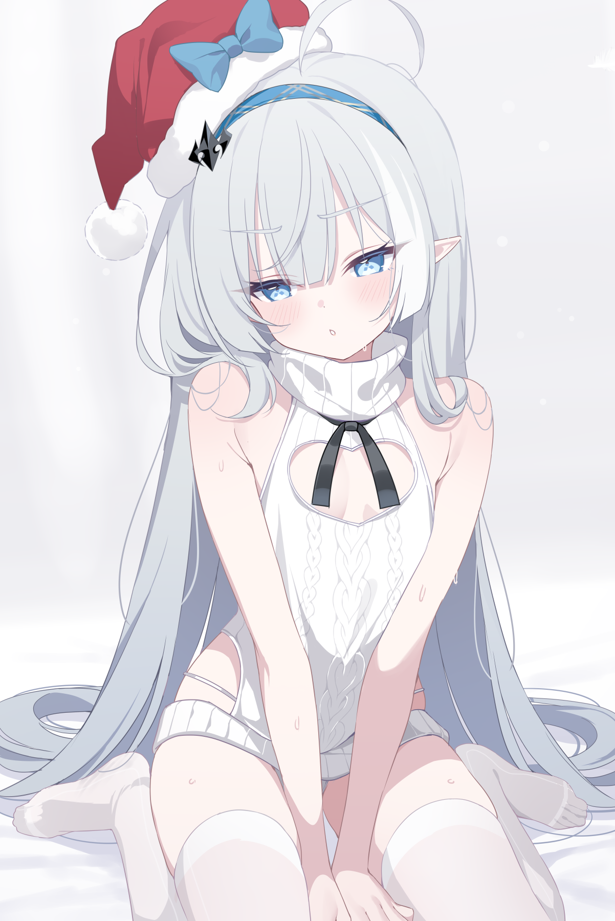 deyui, female tyrant (stella sora), tyrant (stella sora), stella sora, commentary, english commentary, highres, 1girl, alternate costume, antenna hair, bare shoulders, blue eyes, breasts, grey hair, hat, long hair, looking at viewer, parted lips, pointy ears, red hat, santa hat, simple background, sitting, sleeveless, small breasts, solo, sweater, symbol-shaped pupils, thighhighs, v-shaped eyebrows, very long hair, wariza, white background, white thighhighs