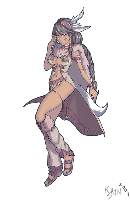 teddypocky, original, 1girl, black hair, bracelet, braid, breasts, brown eyes, cleavage, dark-skinned female, dark skin, feathers, female focus, fringe trim, headdress, jewelry, large breasts, long hair, native american, native american headdress, navel, necklace, signature, simple background, single braid, solo, tribal, white background