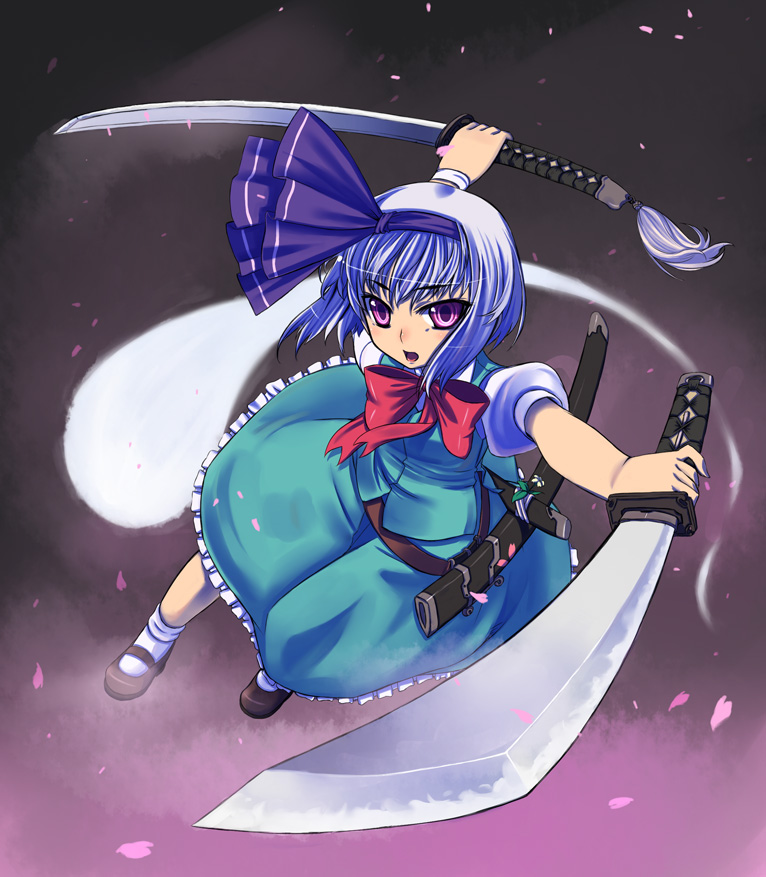 tiha, konpaku youmu, konpaku youmu (ghost), touhou, silver hair, bad id, bad pixiv id, 1girl, dual wielding, female focus, ghost, hairband, holding, katana, red eyes, short hair, solo, sword, weapon