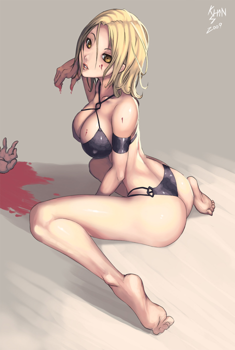 teddypocky, original, 1girl, barefoot, bikini, black bikini, blonde hair, blood, breasts, cleavage, covered erect nipples, feet, female focus, large breasts, narrow waist, sitting, soles, solo, swimsuit, thong bikini, toes, wariza, yellow eyes