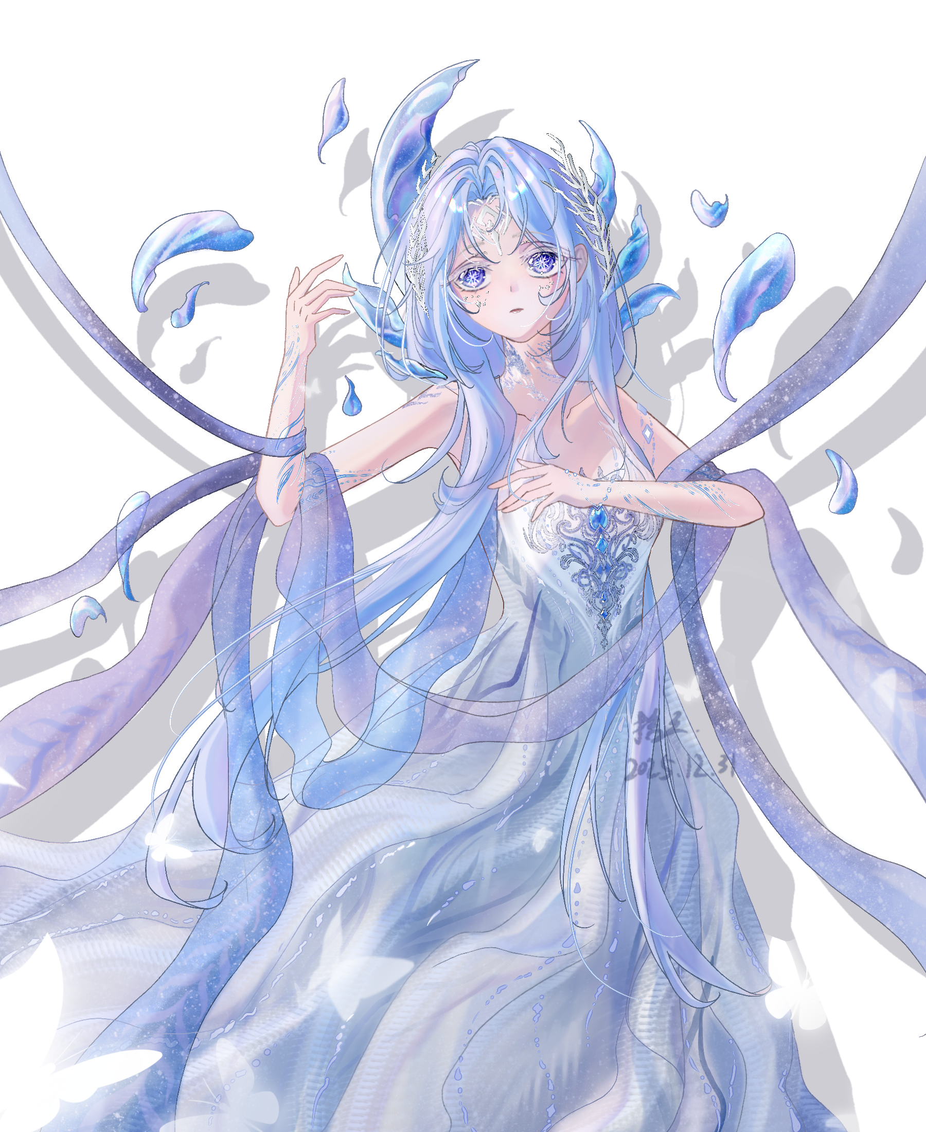 born flawless (infinity nikki), infinity nikki, nikki (series), blue gem, chinese commentary, commentary request, highres, 1girl, bare shoulders, blue dress, blue eyes, blue hair, blue scales, blue shawl, bug, chest jewel, circlet, closed mouth, collarbone, colored eyelashes, coral hair ornament, dated, dot nose, dress, expressionless, feet out of frame, gem, hair half over shoulder, hair ornament, hand on own chest, light frown, long dress, long hair, looking ahead, parted bangs, qinyi49693, scale hair ornament, scales, scar, scar on arm, scar on neck, scar on shoulder, shadow, shawl, signature, solo, standing, strapless, strapless dress, symbol-shaped pupils, very long hair