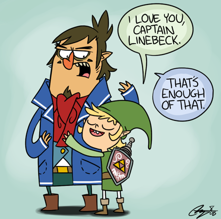 captain k'nuckles, flapjack, linebeck, link, toon link, nintendo, the legend of zelda, the marvelous misadventures of flapjack, screencap, artist request, lowres, 2boys, blonde hair, brown hair, crossover, hug, multiple boys, parody, pointy ears, scarf, shield, sword, weapon