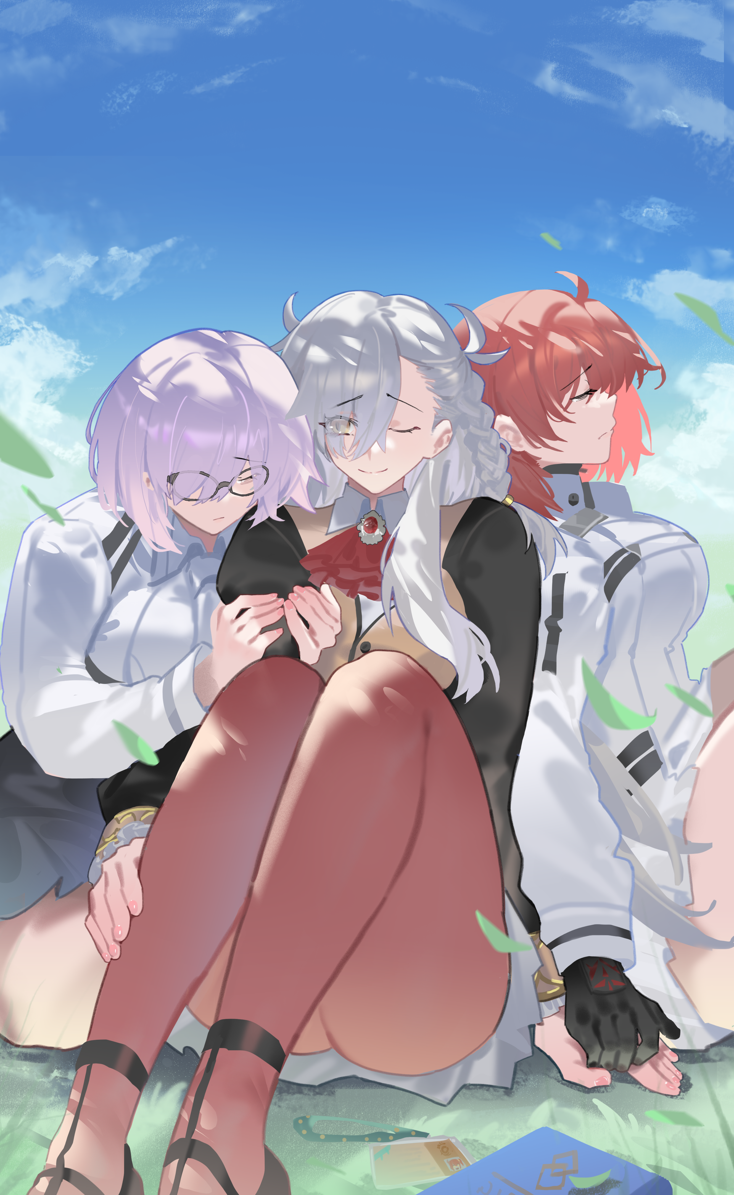 nils, fujimaru ritsuka (female), fujimaru ritsuka (female) (decisive battle chaldea uniform), mash kyrielight, olga marie animusphere, fate/grand order, fate (series), absurdres, commentary request, highres, ahoge, ascot, black-framed eyewear, black gloves, braid, breasts, chaldea uniform, closed eyes, command spell, dress, gloves, grey hair, hair over one eye, jacket, large breasts, long hair, long sleeves, mash kyrielight (chaldea uniform), medium hair, multiple girls, novum chaldea, orange hair, pantyhose, purple hair, red ascot, red pantyhose, short hair, side braid, smile, very long hair, white dress, white hair, white jacket, yellow eyes