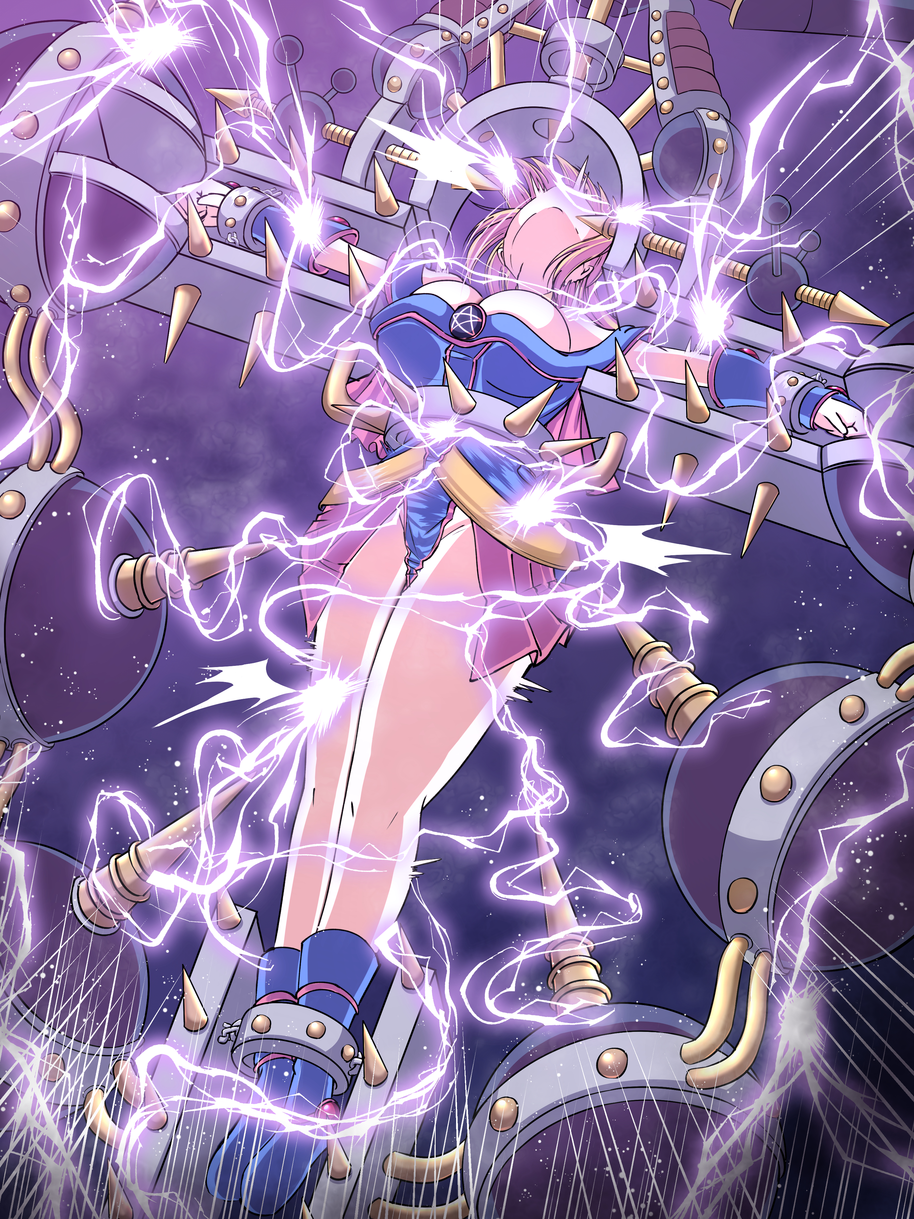baketsumuri, byser shock, dark magician girl, yu-gi-oh!, absurdres, commentary request, highres, textless version, 1girl, blonde hair, blue boots, blue eyes, boots, breasts, cleavage, crucifixion, duel monster, electrocution, green eyes, head back, large breasts, long hair, no headwear, pelvic curtain, restrained, ryona, spikes, vambraces