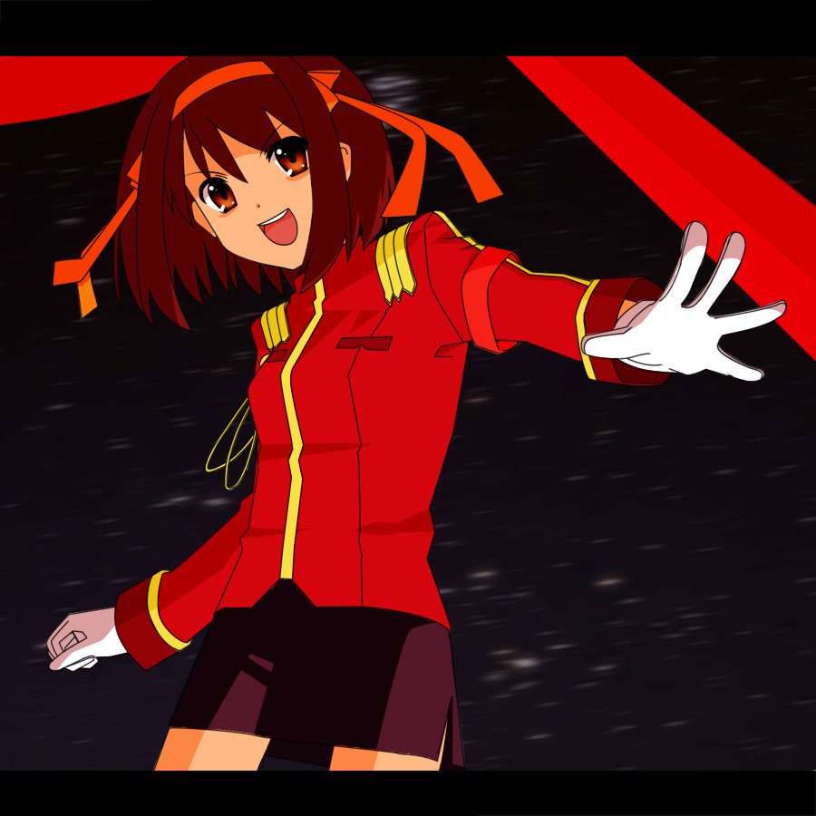 suzumiya haruhi, suzumiya haruhi no yuuutsu, the day of sagittarius, derivative work, vector trace, 00s, 1girl, brown hair, female focus, gloves, military, military uniform, orange eyes, pencil skirt, short hair, skirt, smile, solo, white gloves