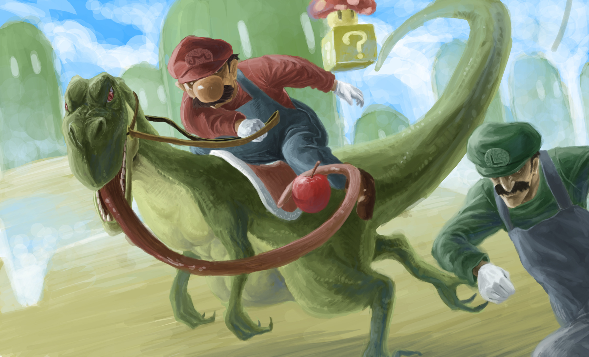 bear (qma), luigi, mario, yoshi, mario (series), nintendo, super mario world, highres, 2boys, ?, ? block, apple, brothers, coin block, dinosaur, food, fruit, hat, male focus, multiple boys, mushroom, realistic, siblings, super mushroom, tongue