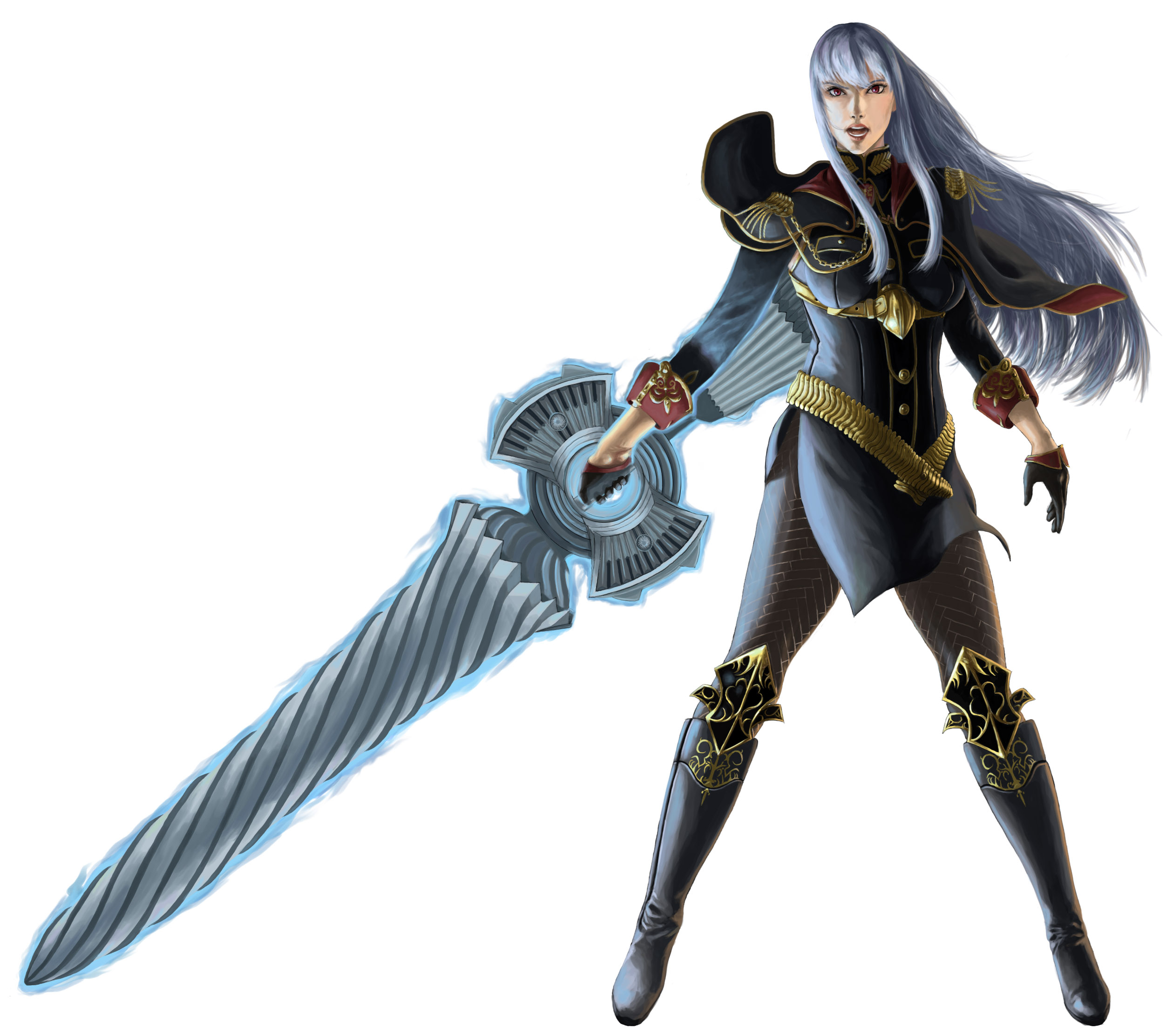 selvaria bles, senjou no valkyria, senjou no valkyria (series), senjou no valkyria 1, highres, 00s, 1girl, boots, female focus, grey hair, lance, leather, military, military uniform, open mouth, pantyhose, polearm, red eyes, simple background, solo, weapon, white hair