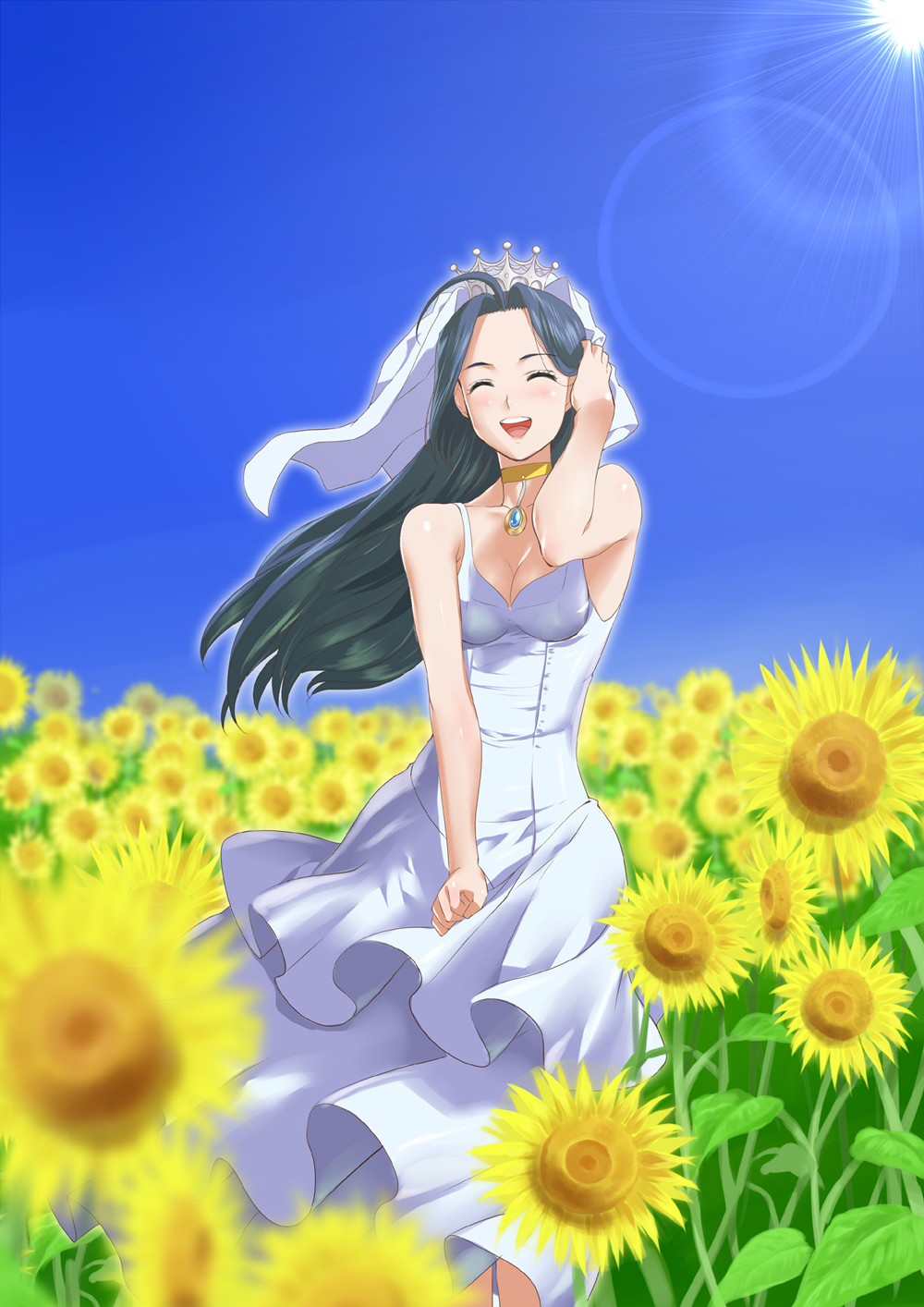g-tetsu, miura azusa, 3a07, idolmaster, idolmaster (classic), highres, 00s, 1girl, adjusting hair, ahoge, blue hair, blurry, breasts, choker, cleavage, closed eyes, crown, day, depth of field, dress, female focus, field, flower, flower field, large breasts, lens flare, light rays, long hair, sky, smile, solo, sun, sunbeam, sunflower, sunflower field, sunlight, veil, wind