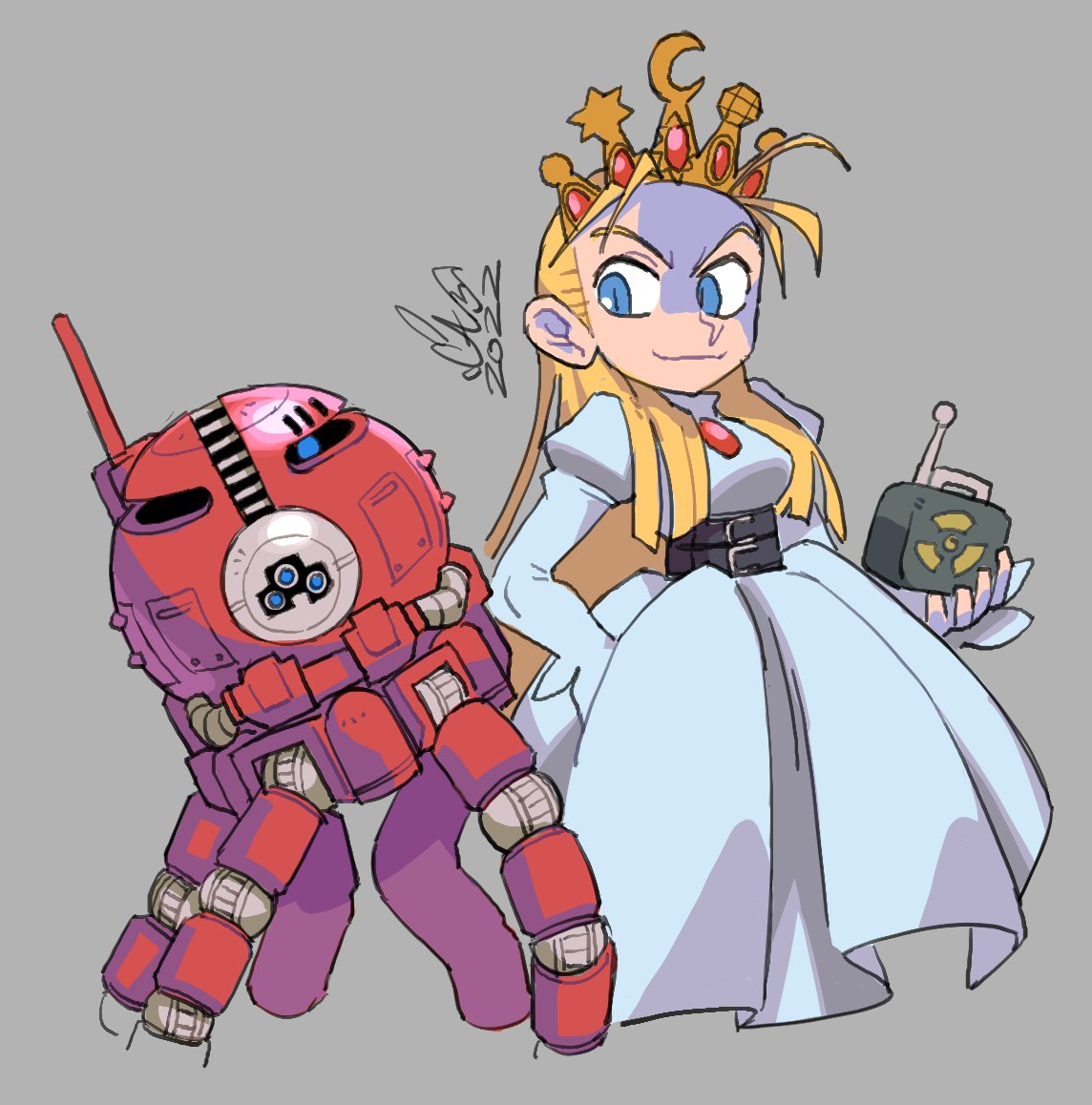 caliginousarts, devilot de deathsatan ix, super-8, cyberbots, commentary, english commentary, 1girl, 2022, belt, belt around waist, blonde hair, blue eyes, chest jewel, controller, crown, dress, forehead, gem, gold crown, hair slicked back, hand on own hip, holding, holding controller, holding remote control, jeweled crown, juliet sleeves, long sleeves, looking to the side, mecha, multiple belts, non-humanoid robot, princess, puffy sleeves, red gemstone, remote control, robot, slit pupils, smile, white dress