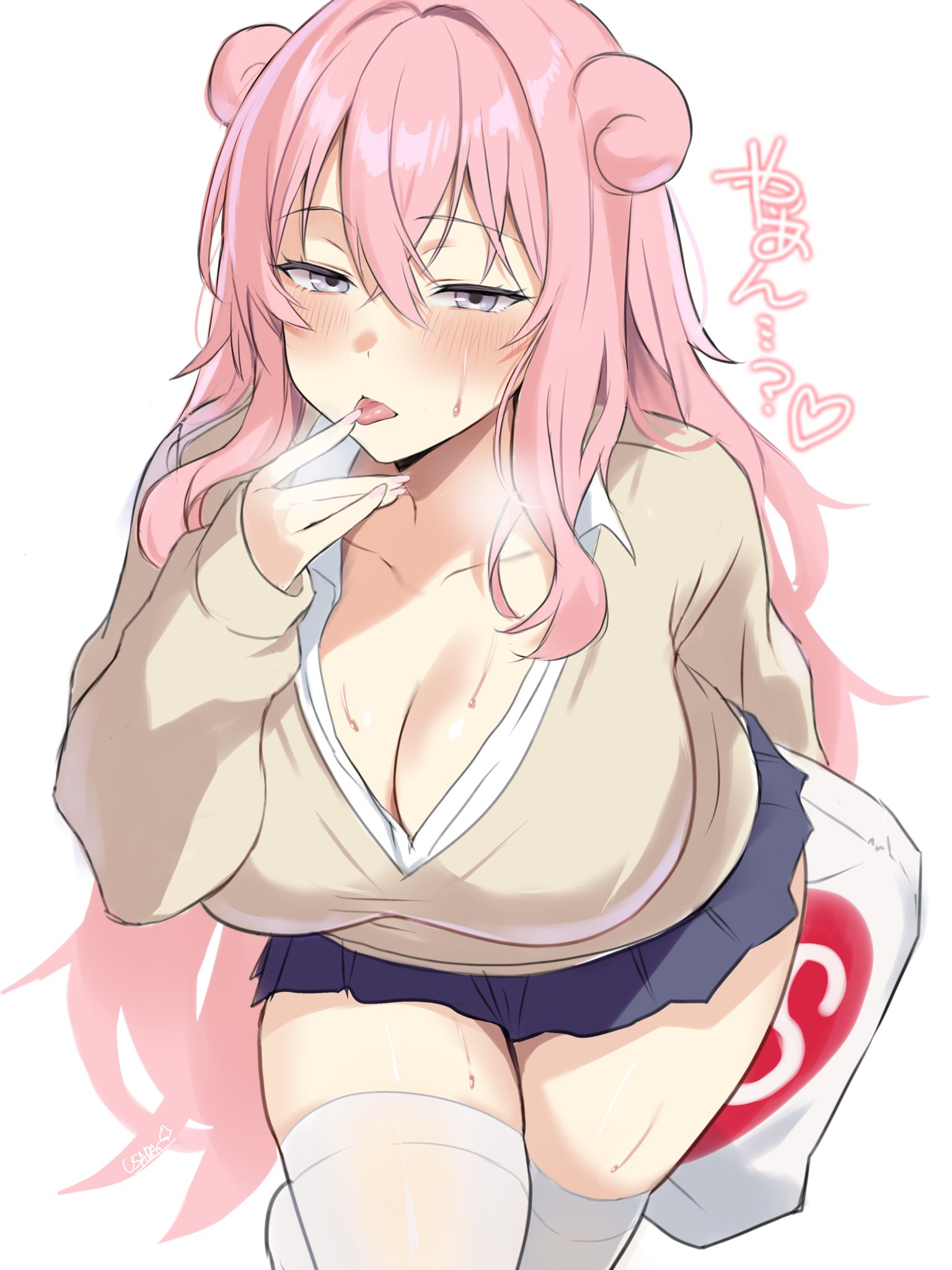 usada mimiz, gyaru slowpoke (shin no tenpii), slowbro, nintendo, pokemon, highres, animal ears, blue skirt, blush, borrowed character, breasts, brown sweater, cleavage, crossed bangs, finger to mouth, gen 1 pokemon, gyaru, hair between eyes, heart, holding, holding pillow, japanese text, large breasts, leaning forward, licking finger, long hair, messy hair, miniskirt, open mouth, personification, pillow, pink hair, pink nails, purple eyes, shirt, skirt, standing, sweat, sweater, thighhighs, tongue, tongue out, white background, white shirt, white thighhighs, yes-no pillow