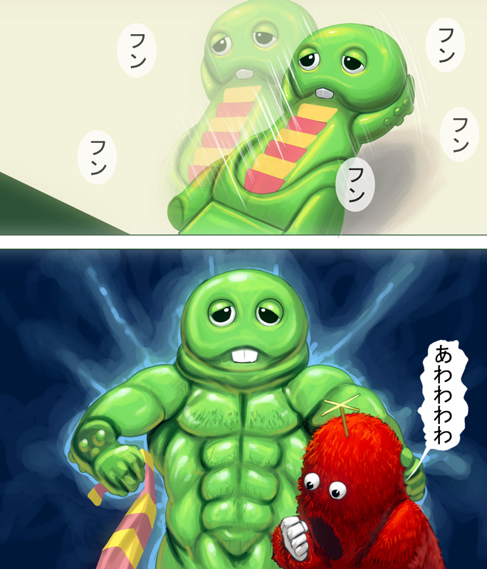 kouno (masao), gachapin, mukku, hirake! ponkikki, bad id, bad pixiv id, abs, buck teeth, exercising, male focus, manly, muscular, no humans, sit-up, teeth, usb, what