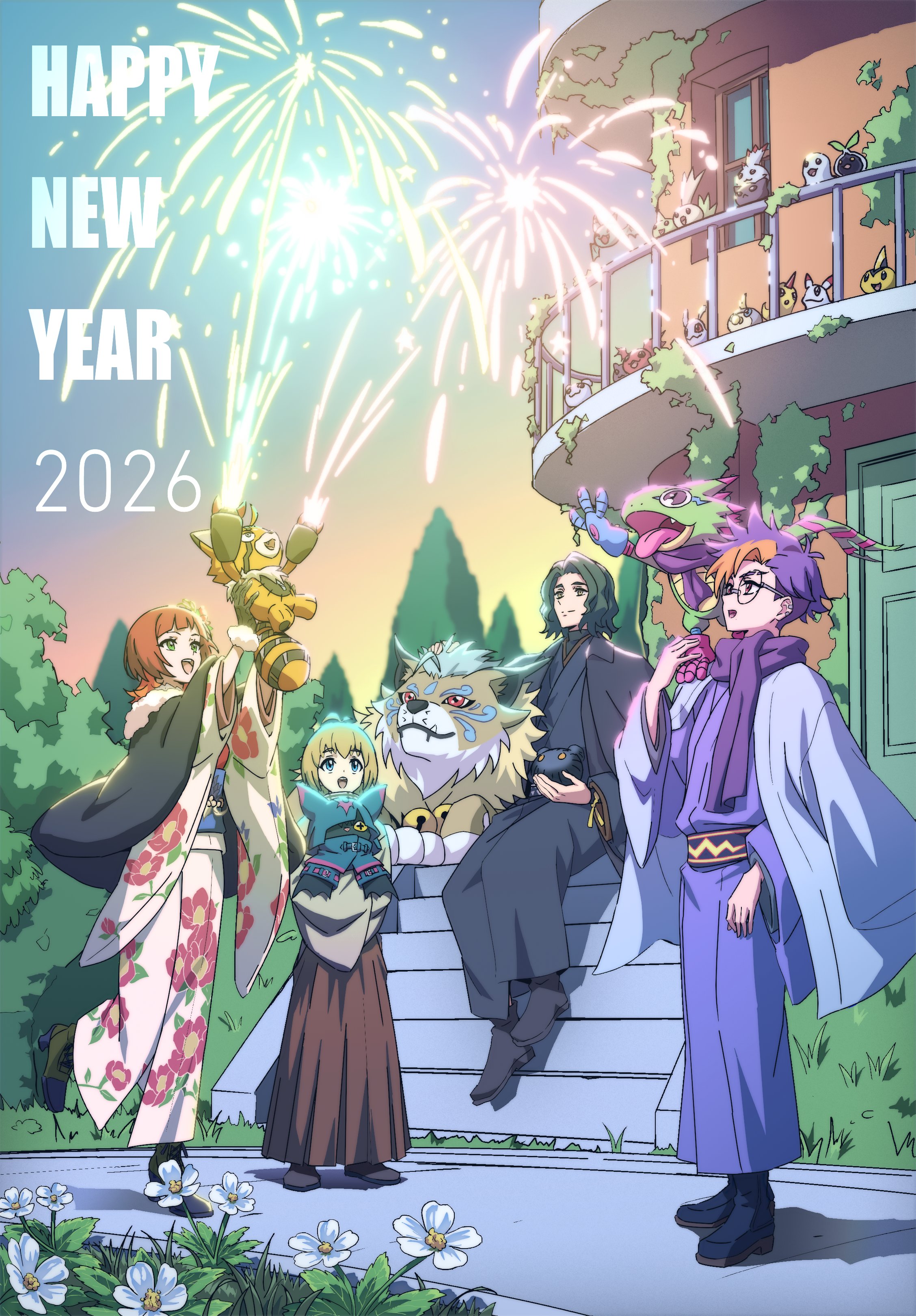 chiropmon, gekkomon, kuonji makoto, pristimon, sakuya reina, sawashiro kyo, tenma tomoro, digimon, digimon beatbreak, absurdres, highres, cougarmon, digimon (creature), dk digimon, fireworks, flower, happy new year, new year, sky, stairs