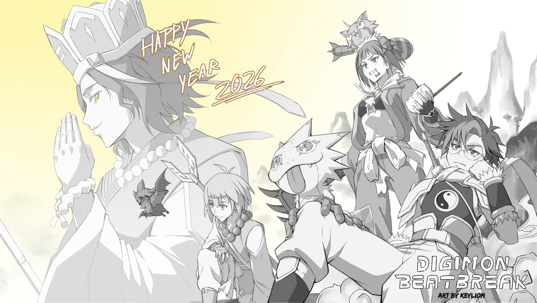 keyliom, chiropmon, gekkomon, kuonji makoto, pristimon, sakuya reina, sawashiro kyo, tenma tomoro, digimon, digimon beatbreak, journey to the west, highres, armor, cosplay, yin yang