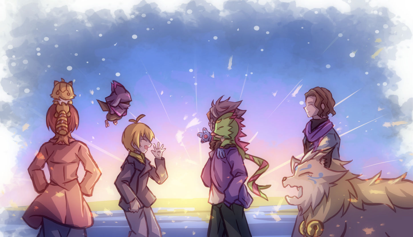 merume digi, chiropmon, gekkomon, kuonji makoto, pristimon, sakuya reina, sawashiro kyo, tenma tomoro, digimon, digimon beatbreak, cougarmon, digimon (creature), gloves, looking at another, sleepy, tail