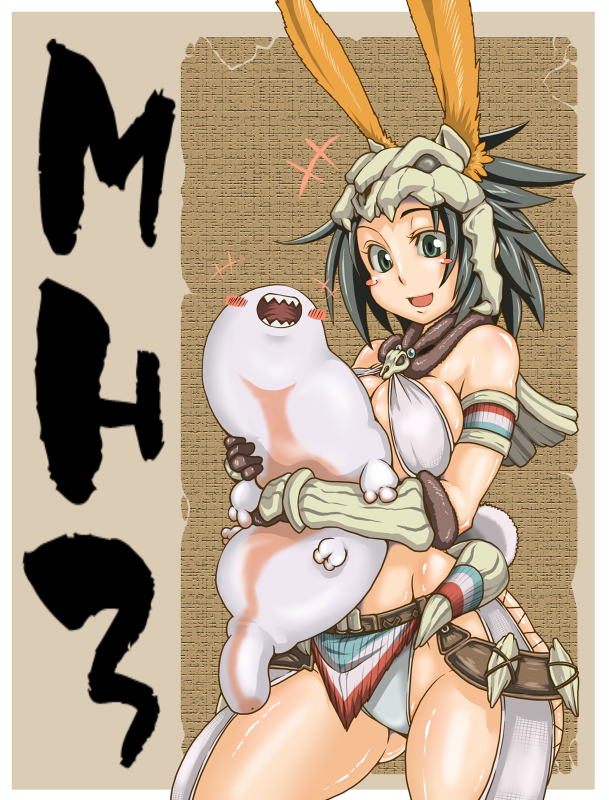 senbei (avocadochaya), giggi, capcom, monster hunter (series), monster hunter 3, 1girl, animal ears, armor, black eyes, black hair, blush, bone armor (monster hunter), breasts, cleavage, female focus, green eyes, large breasts, monster, rabbit ears, skull, solo