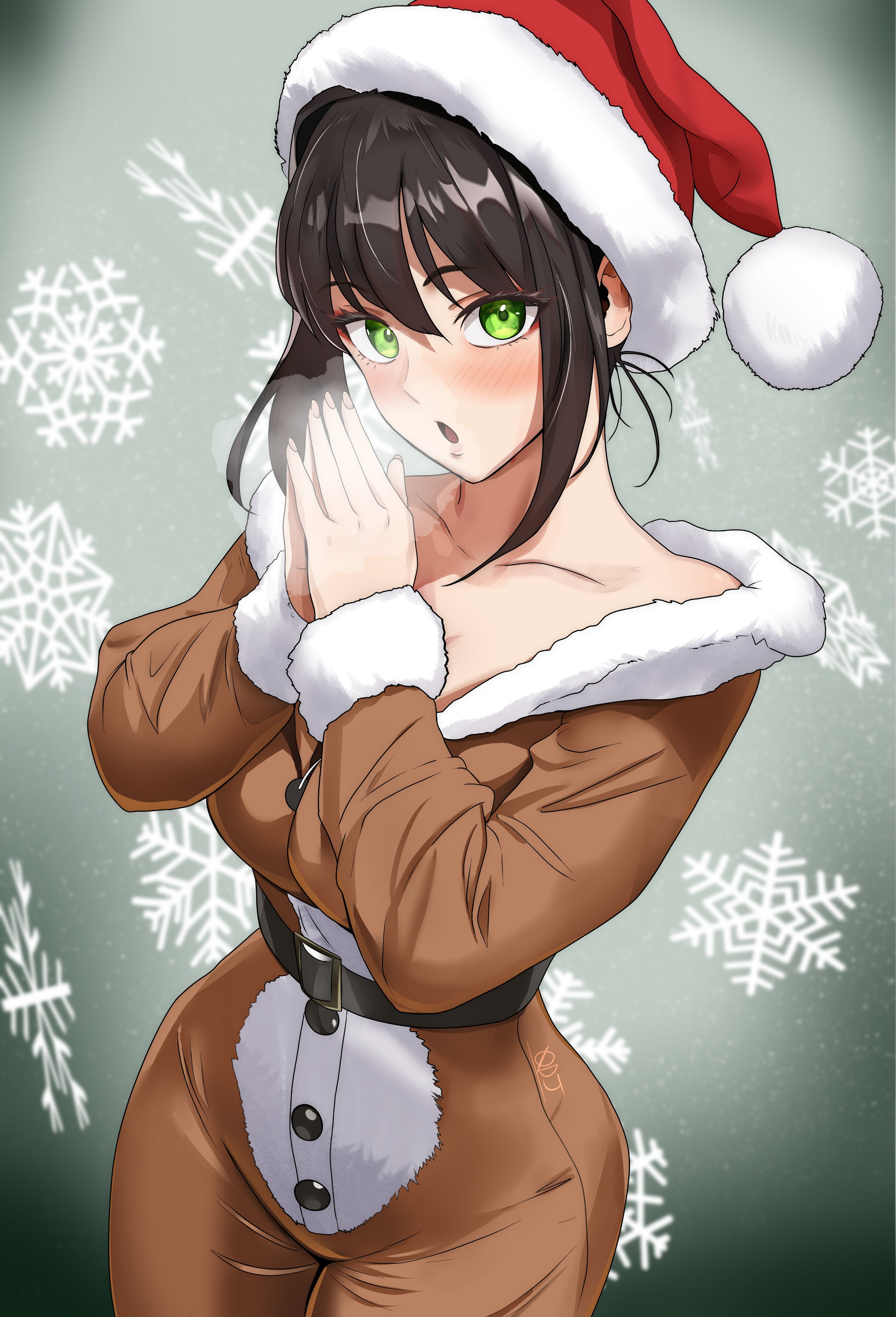 oldmanjenkins84, qin liangyu (fate), fate/grand order, fate (series), absurdres, commentary, english commentary, highres, 1girl, bare shoulders, belt, black hair, blush, breasts, brown jumpsuit, collarbone, fur-trimmed headwear, fur trim, green eyes, hat, jumpsuit, large breasts, long sleeves, looking at viewer, medium hair, off shoulder, open mouth, red hat, santa hat, sidelocks, solo, thighs