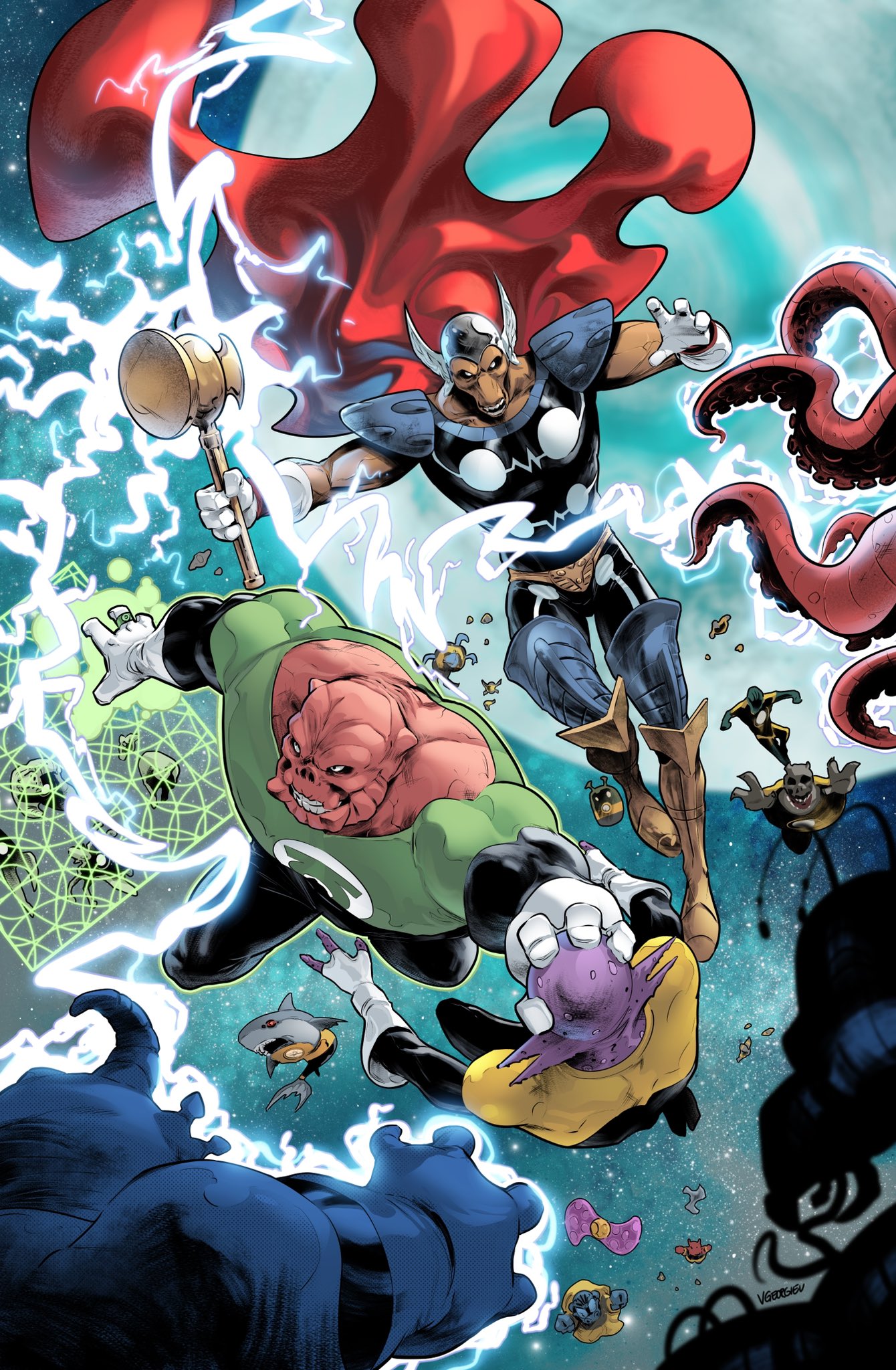 vasco georgiev, beta ray bill, green lantern, dc comics, green lantern (series), marvel, thor (marvel) (series), character request, commentary, english commentary, highres, 6+boys, alien, armor, blurry, cape, colored skin, crossover, depth of field, electricity, electrokinesis, fighting, floating cape, gloves, grabbing another's face, green lantern corps, grin, head grab, helmet, holding, holding weapon, male focus, multiple boys, muscular, muscular male, orange skin, pauldrons, power ring (green lantern), red cape, red skin, shark, shoulder armor, smile, space, stormbreaker, superhero costume, tentacles, weapon, white gloves, winged helmet