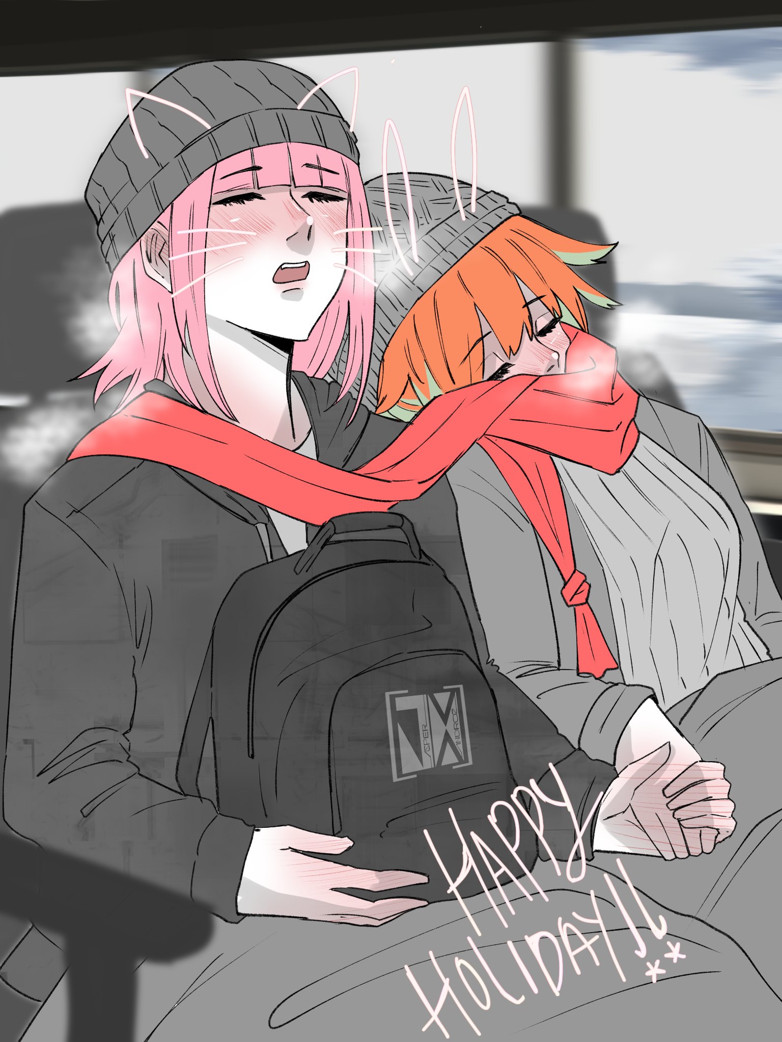 jasper xandros, mori calliope, takanashi kiara, hololive, hololive english, commentary, english commentary, highres, 2girls, alternate costume, blush, breasts, couple, english text, green hair, height difference, holding hands, large breasts, long hair, multicolored hair, multiple girls, open mouth, orange hair, pink hair, sleeping, sleeping on person, virtual youtuber, yuri