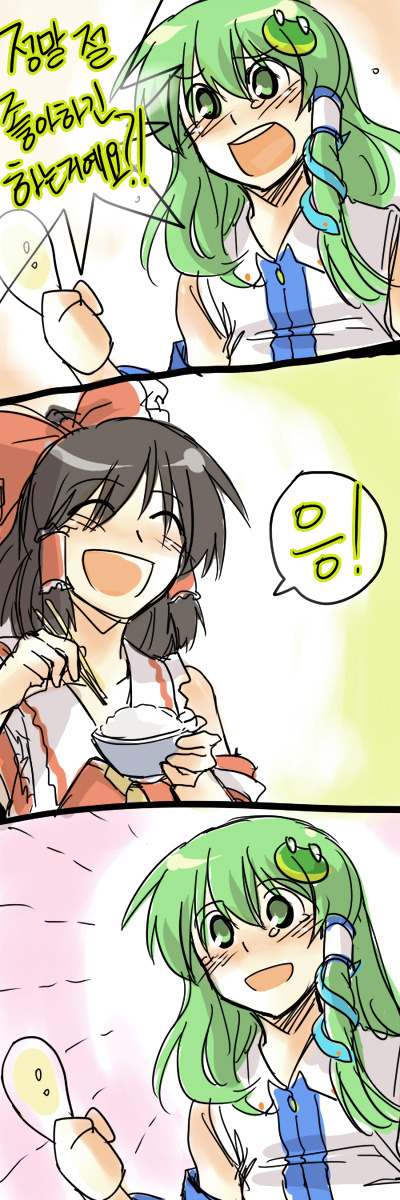 re ghotion, hakurei reimu, kochiya sanae, touhou, highres, long image, tall image, translation request, 2girls, brown hair, comic, female focus, green hair, happy, korean text, long hair, multiple girls