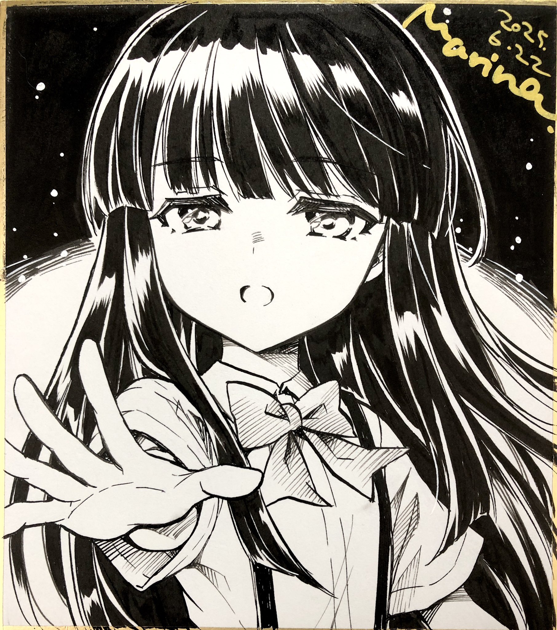 marine (confeitokobo), furude rika, higurashi no naku koro ni, commentary request, highres, traditional media, 1girl, bow, bowtie, collared shirt, dated, greyscale, long hair, monochrome, open mouth, outstretched arm, shikishi, shirt, short sleeves, signature, solo, upper body