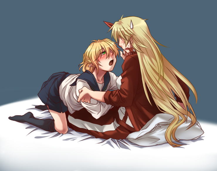 re ghotion, hoshiguma yuugi, mizuhashi parsee, touhou, 2girls, all fours, alternate costume, bed, blonde hair, blush, dark, female focus, finger to mouth, green eyes, hair over one eye, horns, kneehighs, long hair, looking up, multiple girls, no eyes, open mouth, pillow, pointy ears, school uniform, single horn, sitting, sleeves pushed up, socks, sweat, sweatdrop, track suit, yuri