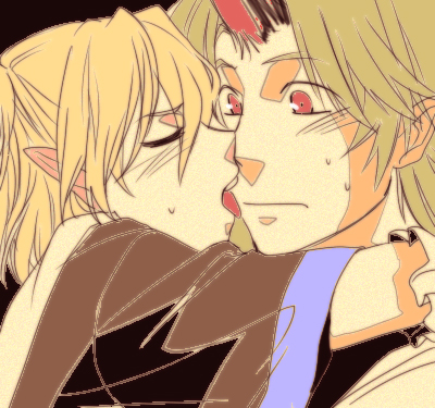 re ghotion, hoshiguma yuugi, mizuhashi parsee, touhou, gender request, lowres, 2girls, blonde hair, blush, closed eyes, genderswap, horns, hug, licking, licking another's face, multiple girls, pointy ears, profile, single horn, surprised, sweat, tongue, yuri