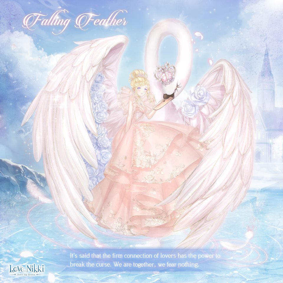 miracle nikki, nikki (series), artist request, official art, third-party source, 1girl, animal, bare arms, bare shoulders, bird, blonde hair, blue eyes, blue flower, blue rose, blue sky, braid, castle, character name, closed mouth, cloud, copyright logo, day, dot nose, dress, english text, falling feather (miracle nikki), falling feathers, feathers, floral print, flower, frilled dress, frills, full body, gown, hair bun, lake, light blush, light particles, lipstick, logo, long dress, makeup, mascara, mountain, outdoors, oversized animal, petting, pink dress, pink lips, print dress, ripples, rose, short hair with long locks, sidelocks, single braid, single hair bun, sitting, sky, sleeveless, sleeveless dress, smile, solo, swan, tiara, updo, wavy hair