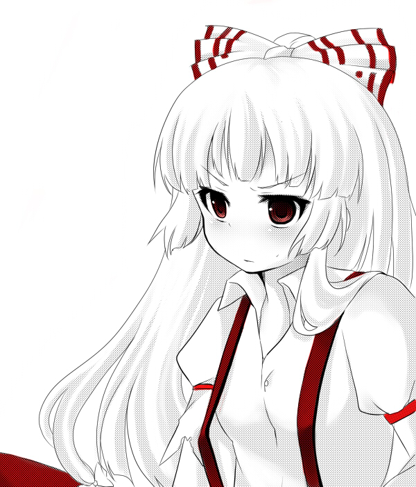 rikubonku, fujiwara no mokou, touhou, 1girl, annoyed, blunt bangs, bow, female focus, hair bow, long hair, monochrome, partially colored, red eyes, simple background, solo, spot color, suspenders