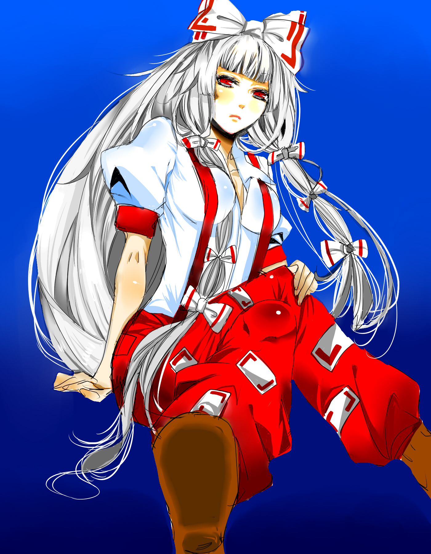 gyarandu chirige, fujiwara no mokou, touhou, silver hair, bad id, bad pixiv id, highres, 1girl, bow, breasts, crossed legs, female focus, foreshortening, gradient background, hair bow, hair ribbon, large breasts, long hair, multiple hair bows, pants, red eyes, ribbon, shirt, shoes, short sleeves, simple background, sitting, solo, suspenders, very long hair, white shirt